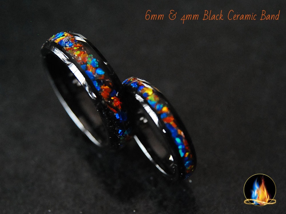 Twin Flame Ring Set - Orange Fire n Ice Blue Rings on Black Ceramic Band 6mm & 4mm, Crushed Bello Opal