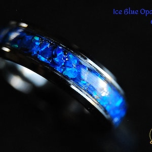 Blue Ice Fire Opal Ring 6mm Black Ceramic Band, Twin Flame Rings