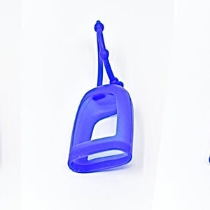 May include: Three blue silicone hand sanitizer holders with a strap for carrying.