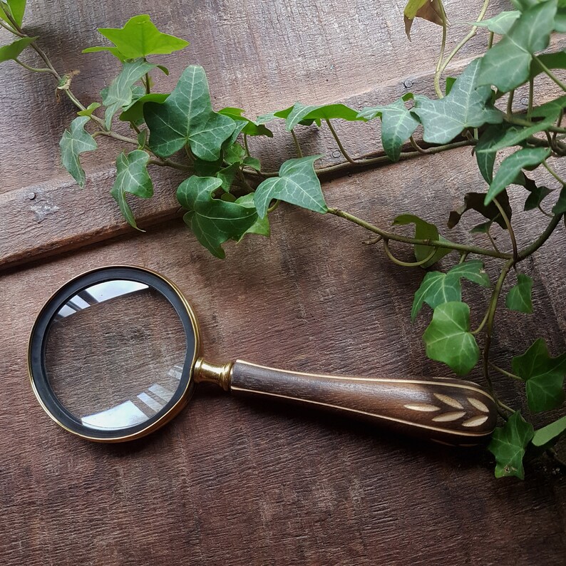 May include: A magnifying glass with a gold-rimmed lens and a wooden handle with a carved design. The handle is dark brown with light brown accents.