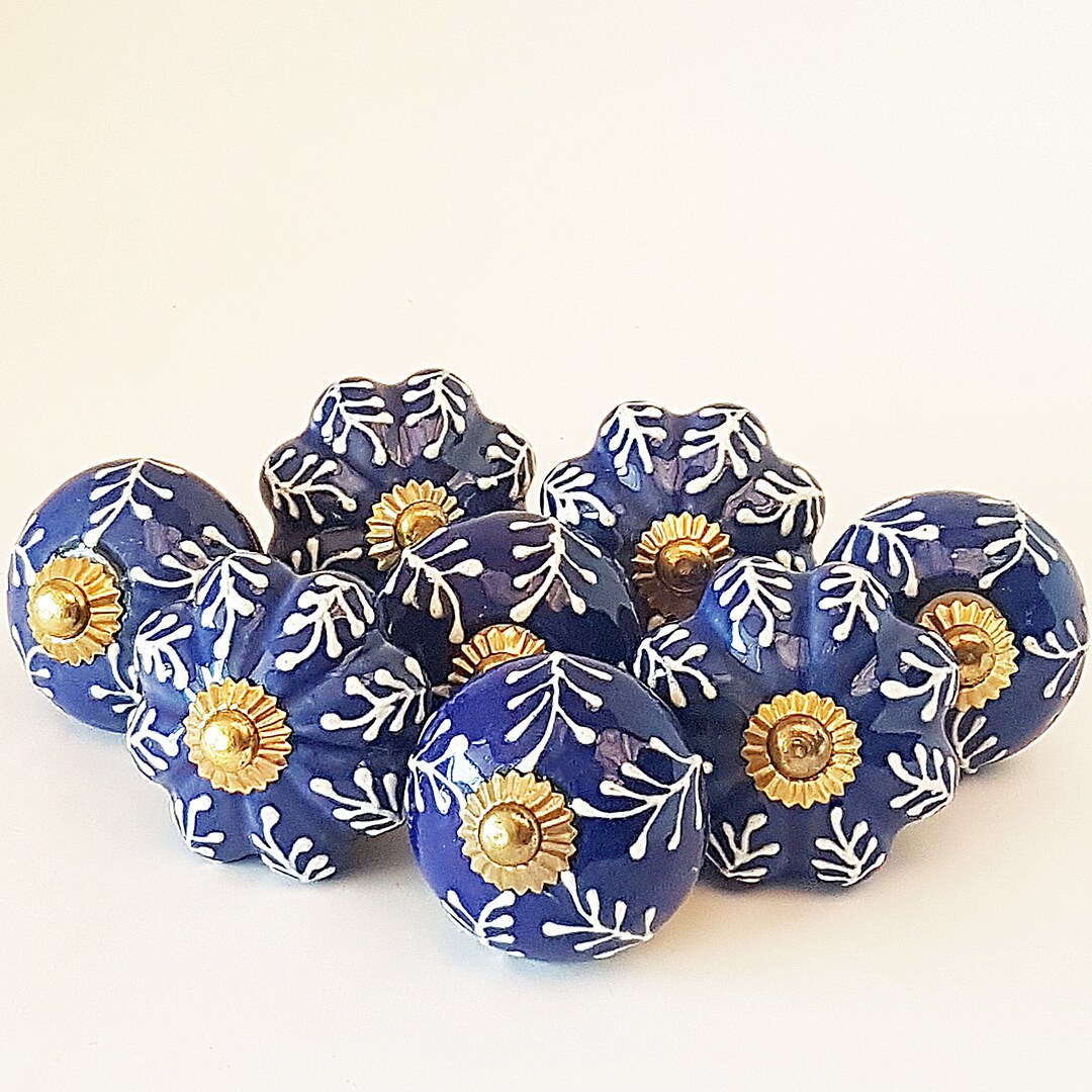 8 Delft Knob Drawer Pulls in Cobalt Blue & White Hand Painted