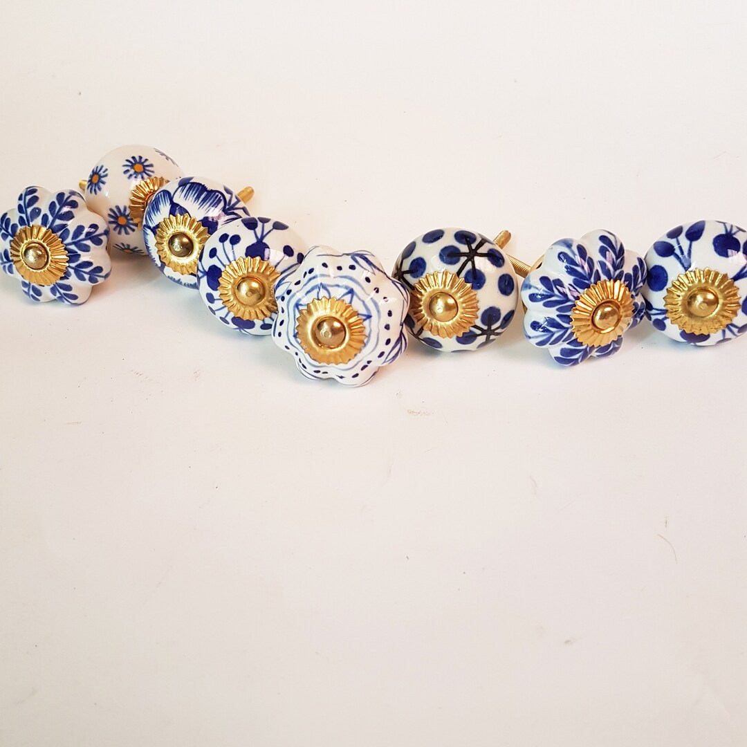 8 Delft Blue Cupboard Knobs, Ceramic Hand Painted, for
