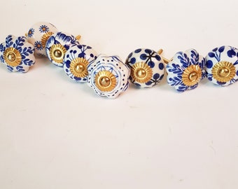 8 puxadores de armário azuis de Delft, de cerâmica pintada à mão, para armários, móveis e decoração. Puxadores de gaveta vintage antigos. 3,8 cm.