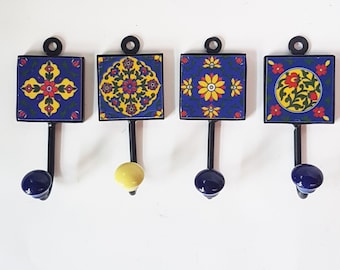 4 coat hooks-cup hooks-towel hooks-hand painted Provencale home decor collection. Wall hooks for kitchen, bedroom, bathroom. 2 by 5 inches.