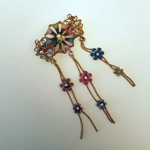 Vintage hairclip barette in a medieval flower design. Hair jewelry with rhinestones in soft rose and blue tones. Gold metal details. image 1
