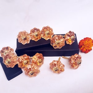 Peut inclure: Un ensemble de dix boutons de cabinet en verre ambré avec un motif floral et des accents dorés. Les boutons sont disposés sur une surface noire.