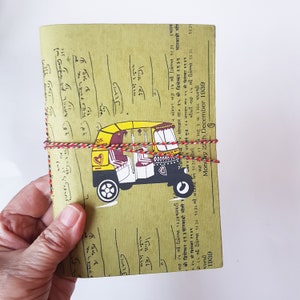 Journal, notebook, sketchbook 5 by 7 inches. Funky India auto rickshaw cover design in vintage khaki color. Handmade rag paper pages. .