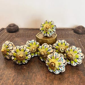 8 Piece Set Hand Painted Designer Cabinet Knob Drawer Pulls.Scalloped Melon Shape.White Blue Green Combo.Floral Motif.Gold Hardware Accents.