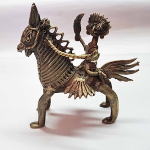Horse rider metal art sculpture. Vintage bronze statue  of warrior on horseback from tribal India. Horse lover gift. 6 inches by 6 inches.
