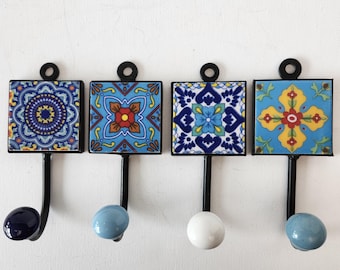 Set of 4 Home Décor Wall Hooks in Sunny Blues & Yellows. Perfect for Kitchen, Bath, Entryway. Hang up Cups, Towels, Clothes. Indispensable!
