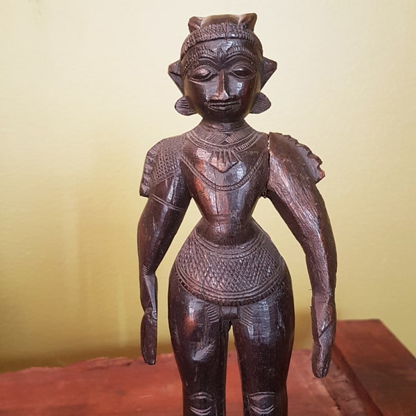 Antique ebony wood figurine from South India. Vintage black wooden statue representing male energy of Shiva. 10 inch height . Collectible.