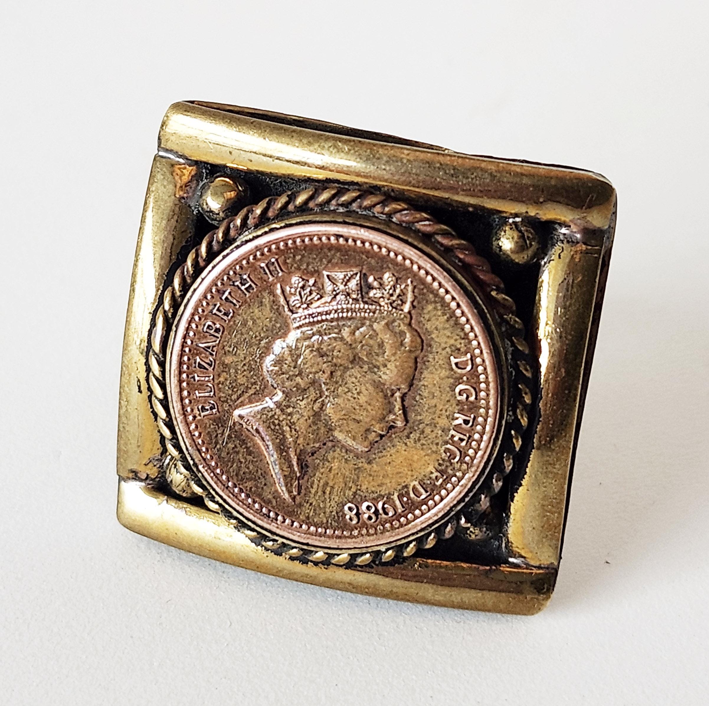 Vintage Coin Ring. Queen Elizabeth Bronze Heirloom Coinage. Square