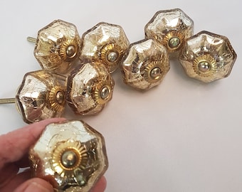 Set of 8 Mercury Glass cabinet knob drawer pulls. Bygone era Bohemian gilded glass knob collection . Nostalic luster glass for renovation.