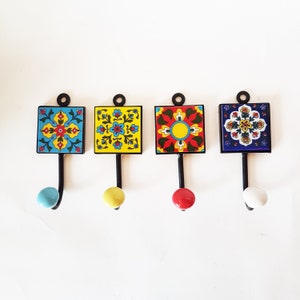 4 Mediterranean design coat hooks-cup hooks-towel hooks-hand painted home decor wall hooks for kitchen, bedroom, bathroom. 2 by 4.5 inches.