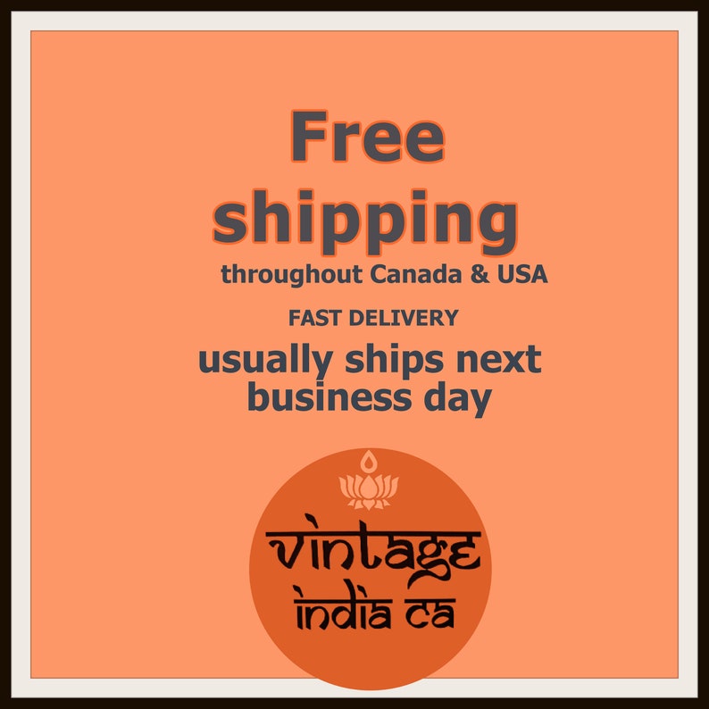 May include: Orange background with the text "Free shipping throughout Canada & USA" and "FAST DELIVERY usually ships next business day". Below the text is a red circle with a black lotus flower and the text "vintage india ca".