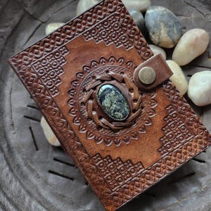 Compact Size Leather Bound Gemstone Journal.Oval Green Jasper Gemstone Inlaid Cover.Embossed Celtic Geometric Design Both Sides.Blank Book.