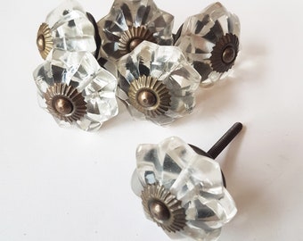 6 Crystal clear glass cabinet knobs vintage style bronze accents.  Drawer pulls, cupboard and wardrobe knobs. 2 inch diameter approximately.