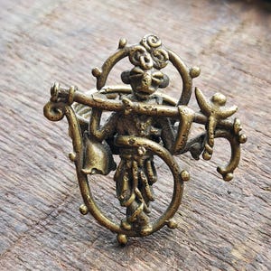 Rare Vintage Antique Bronze Dohkra Ring Krishna Playing Flute. Lost Wax Original Chhattisgarh Tribal Art. Age Related Wear. Fits Size 7-8.