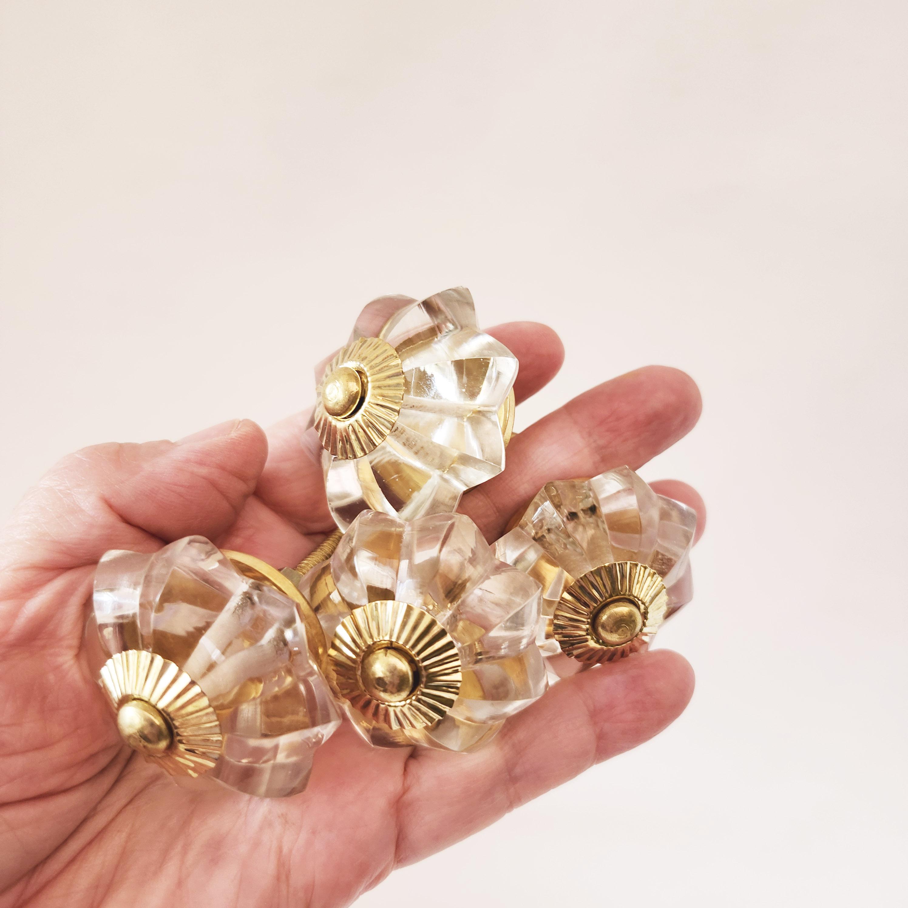 clear and gold dresser knobs 12 crystal cabinet knob pulls scalloped shape with large centers & hardware. Vintage old world aesthetic. DYI Antique home decor abandoned cart