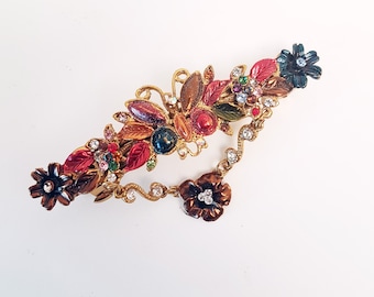 Vintage rhinestone barette hairclip. Bohemian butterfly hair jewelry.  Victorian flower design hair accessory in gold, rose & blue tones.