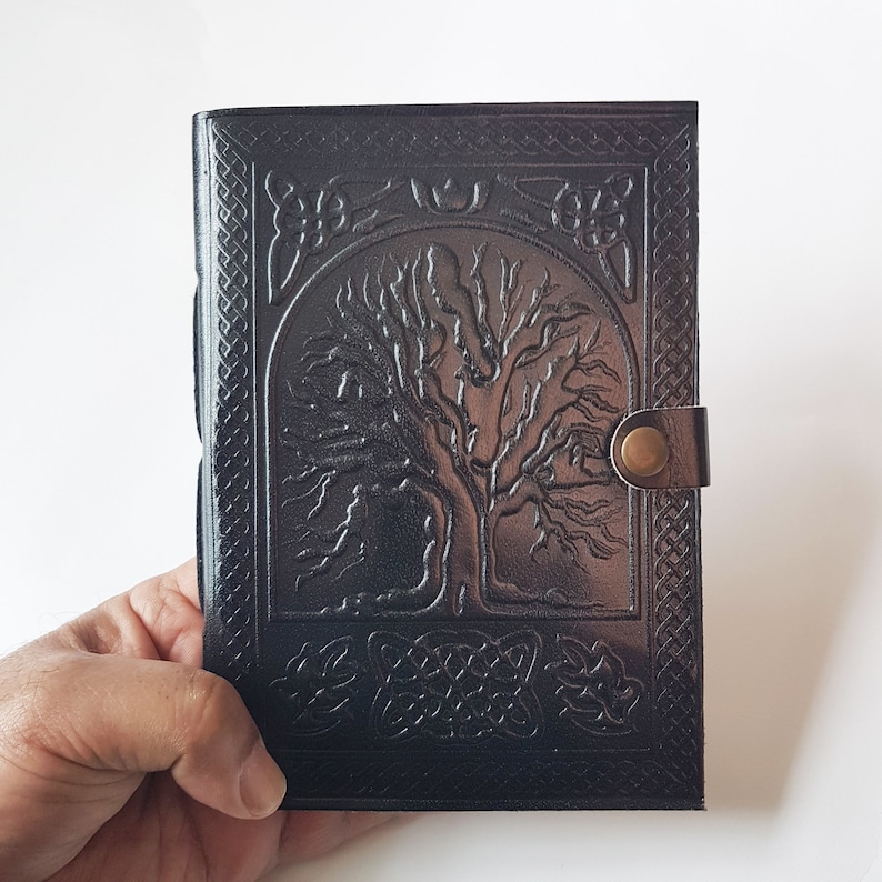 Leather Bound Diary Journal. Embossed Black Leather Notebook Medieval