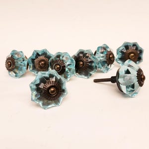 Può includere: Una collezione di otto pomelli per armadietti in vetro blu chiaro con un design sfaccettato a forma di fiore. Ogni pomello ha una base e una vite in metallo color bronzo scuro. I pomelli sono disposti su una superficie bianca.