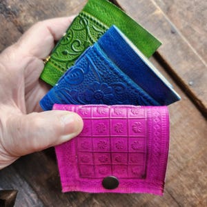 Set of 3 Colorful Engraved Leather 3 Inch Pocket Diaries. Fuchsia, Blue & Green. Great to Have On Hand For Whenever Inspiration Strikes!