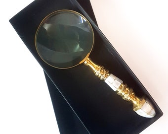 Vintage magnifying glass hand lens in antique brass design. Old world charm. Read small print easily, use for home &  hobby. Photos stamps.