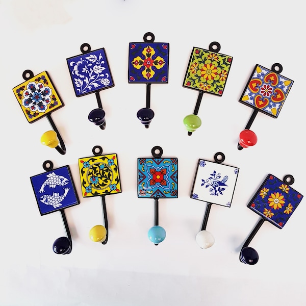 10 Coat hooks-wall hooks for functional home decor. Florenza exclusive collection of 10 hand painted ceramic hooks . 4.5 by 2 inch.