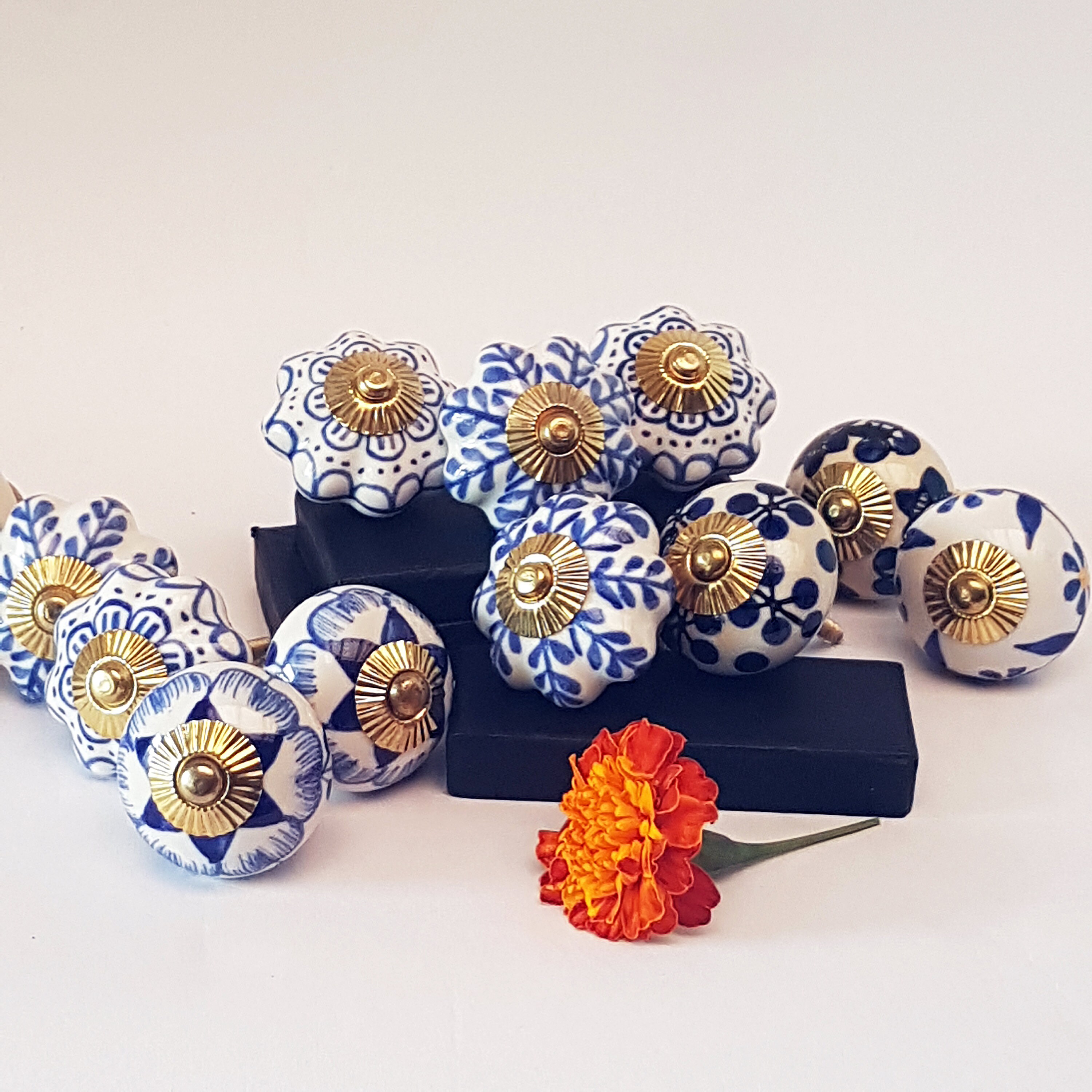 Set of 18 Delft Blue Cupboard Knobs, Ceramic Hand Painted, for