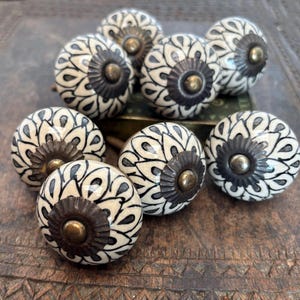 Set of 8 Cabinet Knob Drawer Pulls.Exclusive Designer Style Charcoal Cream Combination.Antique Bronze Hardware Accents.Easy DIY Decor Fix.