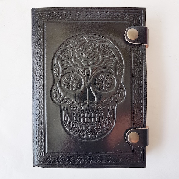 Hand bound journal notebook. Black leather grimoire with embossed skull design. Halloween, Day of the dead, gothic theme diary. 6 colors.