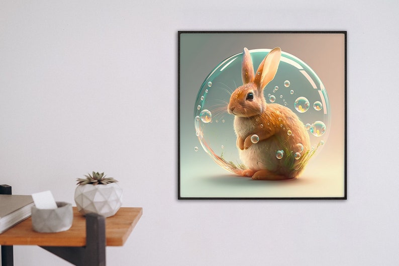 Süßes Karnickel plays with soap bubbles, digital poster, wall art, digital image 1