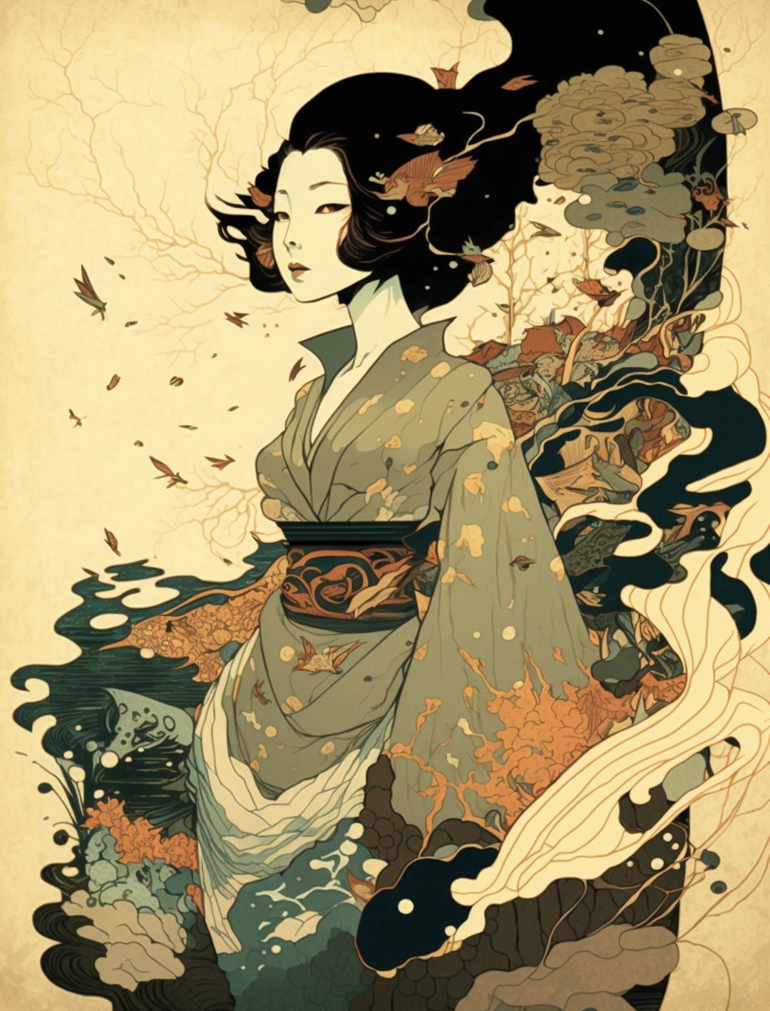 Traditional Japanese Art in the Style of Victo Ngai Geisha Etsy