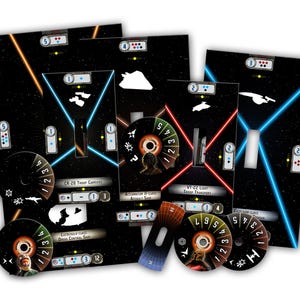 May include: A collection of Star Wars X-Wing miniatures game components. The image shows various cards and circular tokens with spaceship illustrations, numbers, and text. The cards feature blue and red light beams against a starry background. The tokens have a brown and orange color scheme.
