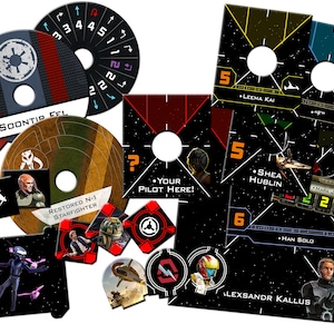 May include: A collection of Star Wars-themed game components, including circular tokens, square cards, and character cards. The tokens feature various designs and text, such as "SOONTIP FEL" and "RESTORED N-1 STARFIGHTER." The cards display pilot names and game stats.