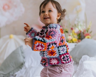 Handmade Crochet Oversize Colorful Blouse for Kids Sweatshirt Granny Square Sweater Colorful Outfit