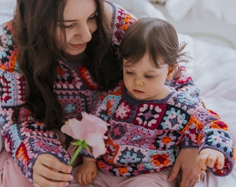 SET OF 2 Handmade Crochet Oversize Colorful Blouse Sweatshirt Granny Square Sweater Mother & Daughter Outfit Matchy