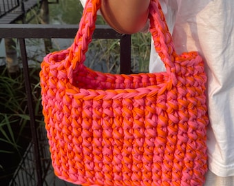 BESTSELLER Crochet Bag | Handgemachte T-Shirt Garn Tasche | Grobe Häkeltasche | Medium Schulterbag | Summer Beach Bag | Boho Handtasche