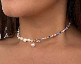 COLLAR colorido | Gargantilla de cuentas con perlas de agua dulce | Perlenkette hechas a mano | Bunte Korallenkette