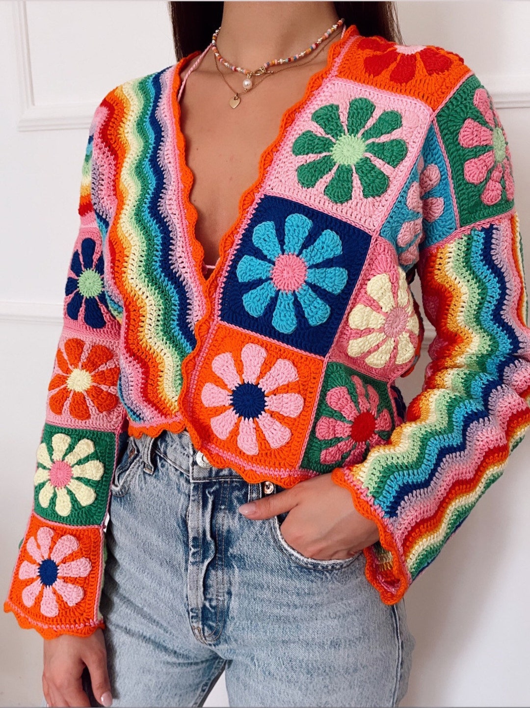 Handmade Crochet Colorful Patch Cardigan Rainbow Jacket Multi Colored