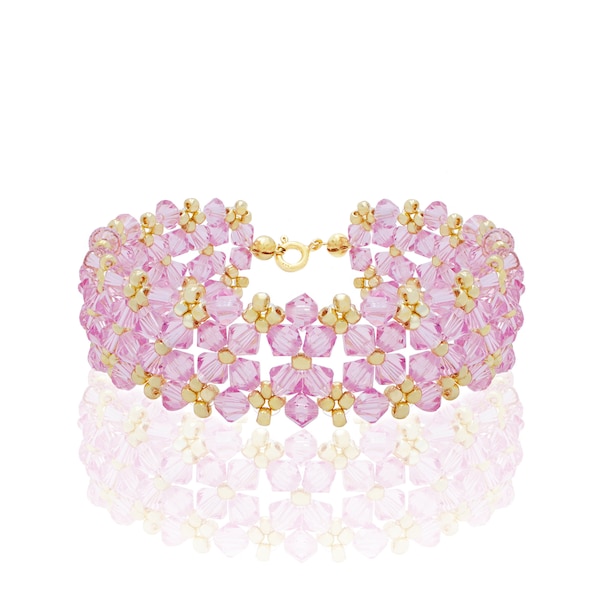 Swarovski Bracelet Jewellery Light Rose Pink Bicone Crystals Handmade Silver 925 Gold Plated Toho Beads Unique Jewelry Valentines Day Gift