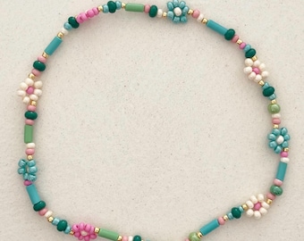 Collar de gargantilla con cuentas de flores de colores hecho a mano | Perlenkette hechas a mano