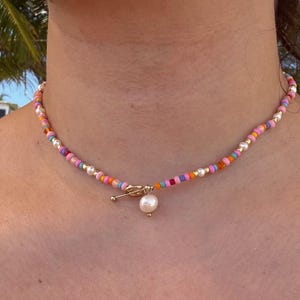 Handmade Colorful Beaded Choker Necklace with Freshwater Pearls, Silver 925 Gold Plated Clasp Handgefertigte Perlenkette