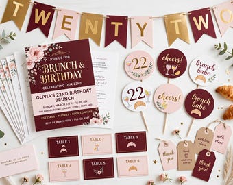 Kit para brunch de cumpleaños número 22 / Granate, rosa palo, dorado (descarga digital)
