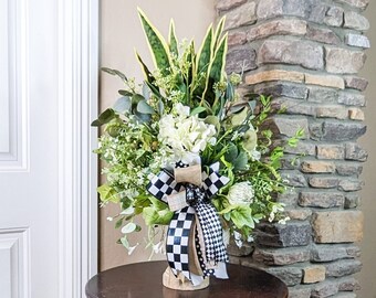 Spring Centerpiece with Snake Plant Eucalyptus Ivy & White Hydrangeas, Year Round Floral Arrangement, Everyday Table Decor