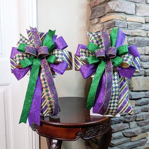 Mardi Gras Lantern Bow Set | Set of 2 Mardi Gras Bows | Mardi Gras Wreath Bow Set | Green Gold and Purple Ribbon Bow