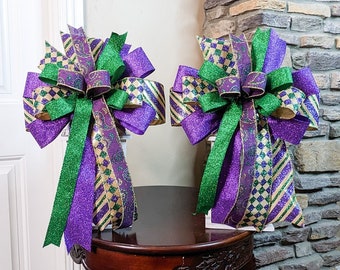 Mardi Gras Lantern Bow Set | Set of 2 Mardi Gras Bows | Mardi Gras Wreath Bow Set | Green Gold and Purple Ribbon Bow