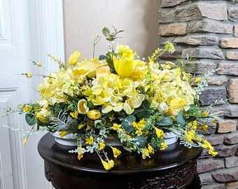 Yellow Spring Floral Arrangement, Rose Tulip & Hydrangea Spring Centerpiece, Modern Farmhouse Spring Table Decor, Country Kitchen Decor