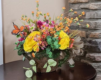 Spring Centerpiece | Spring Moss Covered Watering Can Floral Arrangement | Spring Table Decor | Spring Floral Arrangement